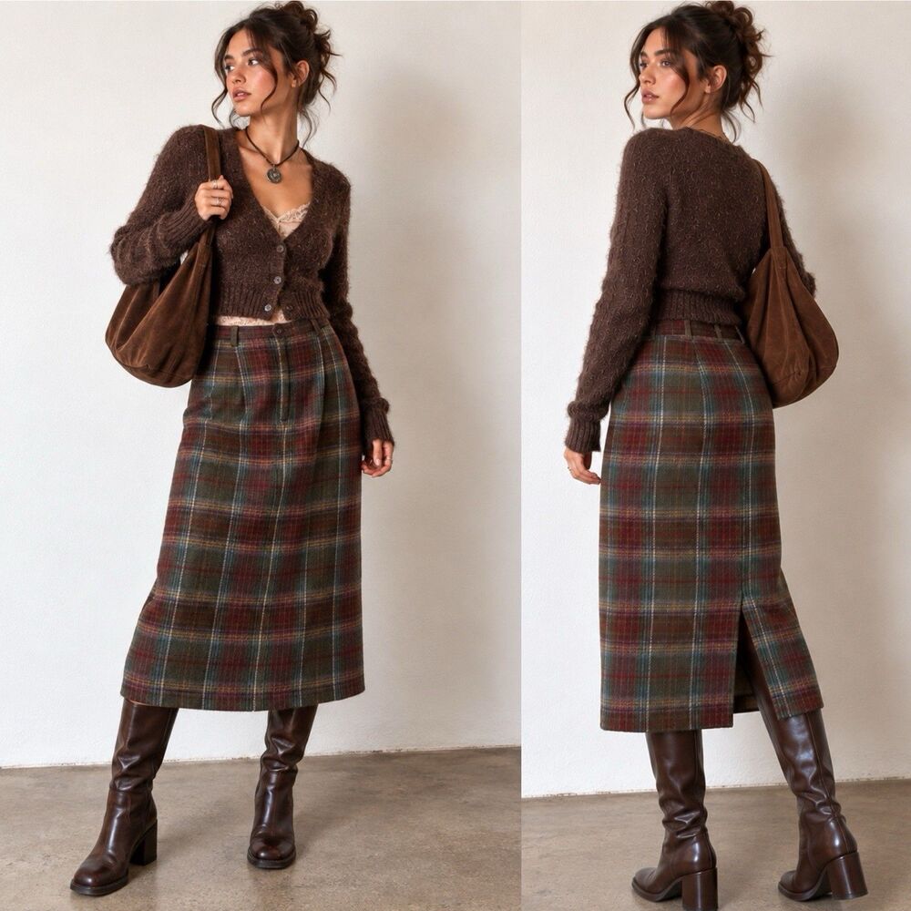 Crazy Horse Liz Claiborne Wool Plaid Midi Skirt 16 Academia Grunge Vintage Y2K